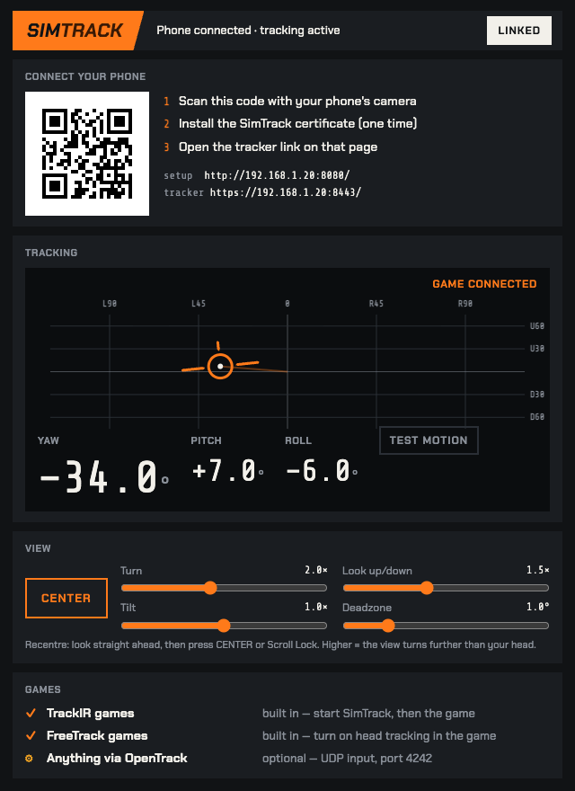 The SimTrack PC window: a QR code to connect the phone, a view indicator showing where the game's view points, turn, nod and tilt readouts, and sensitivity sliders.