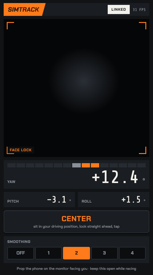 The SimTrack phone page: camera view with lock brackets, angle readouts, a Center button and a five-position smoothing switch.